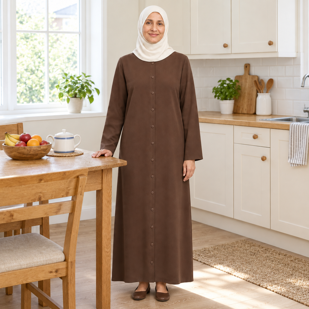 Model standing in a bright home kitchen wearing a chocolate brown button front abaya beside a wooden table