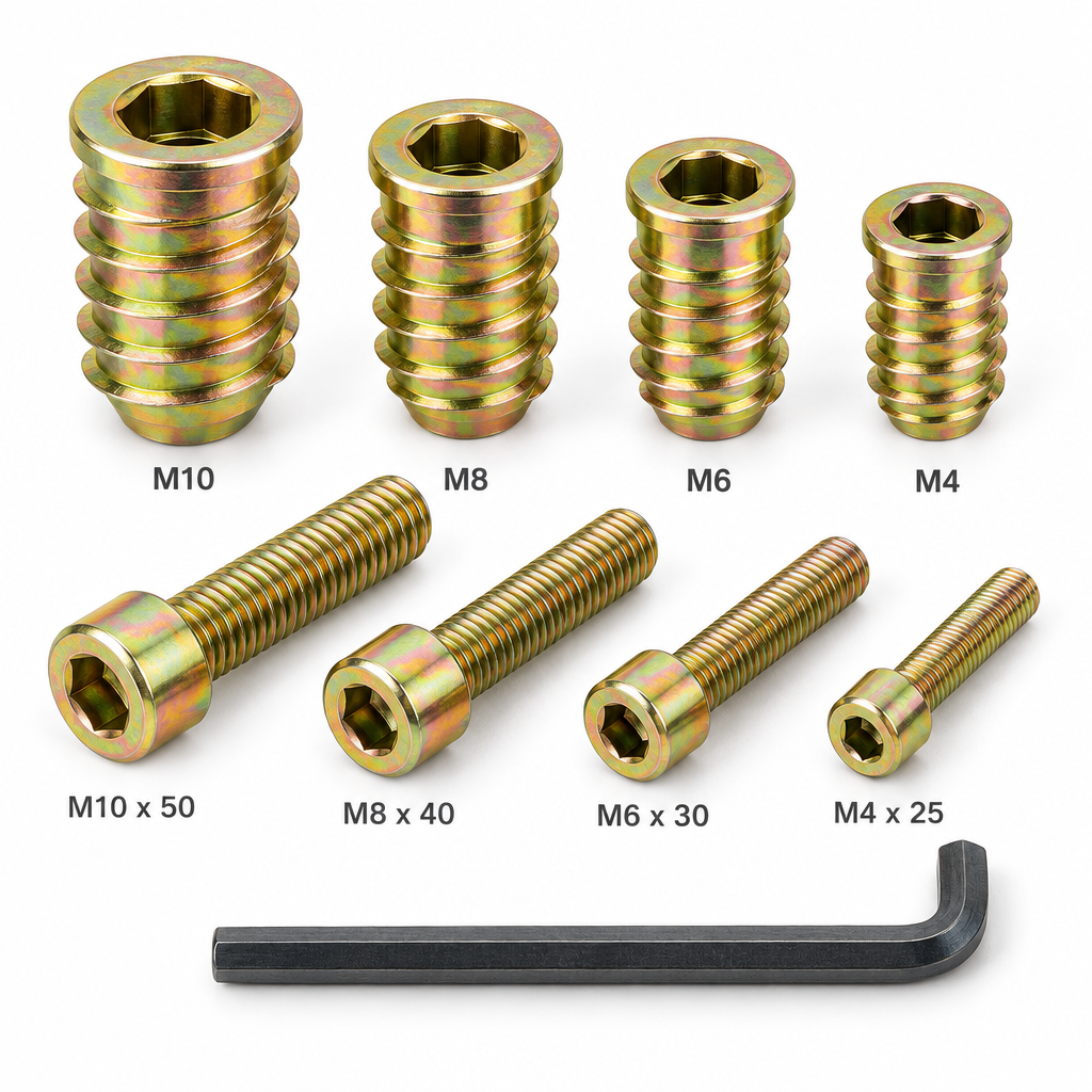 Assorted yellow-zinc plated hex-drive threaded inserts for wood with Allen wrench and connecting bolts on a pure white background