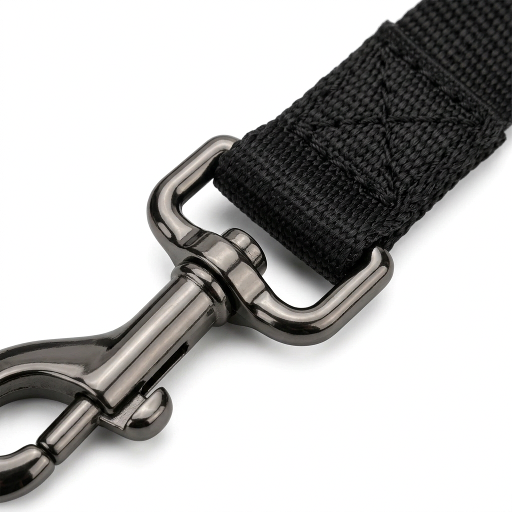 Macro close-up detail of metal swivel bolt snap clip and box-X reinforced stitching on nylon webbing lead