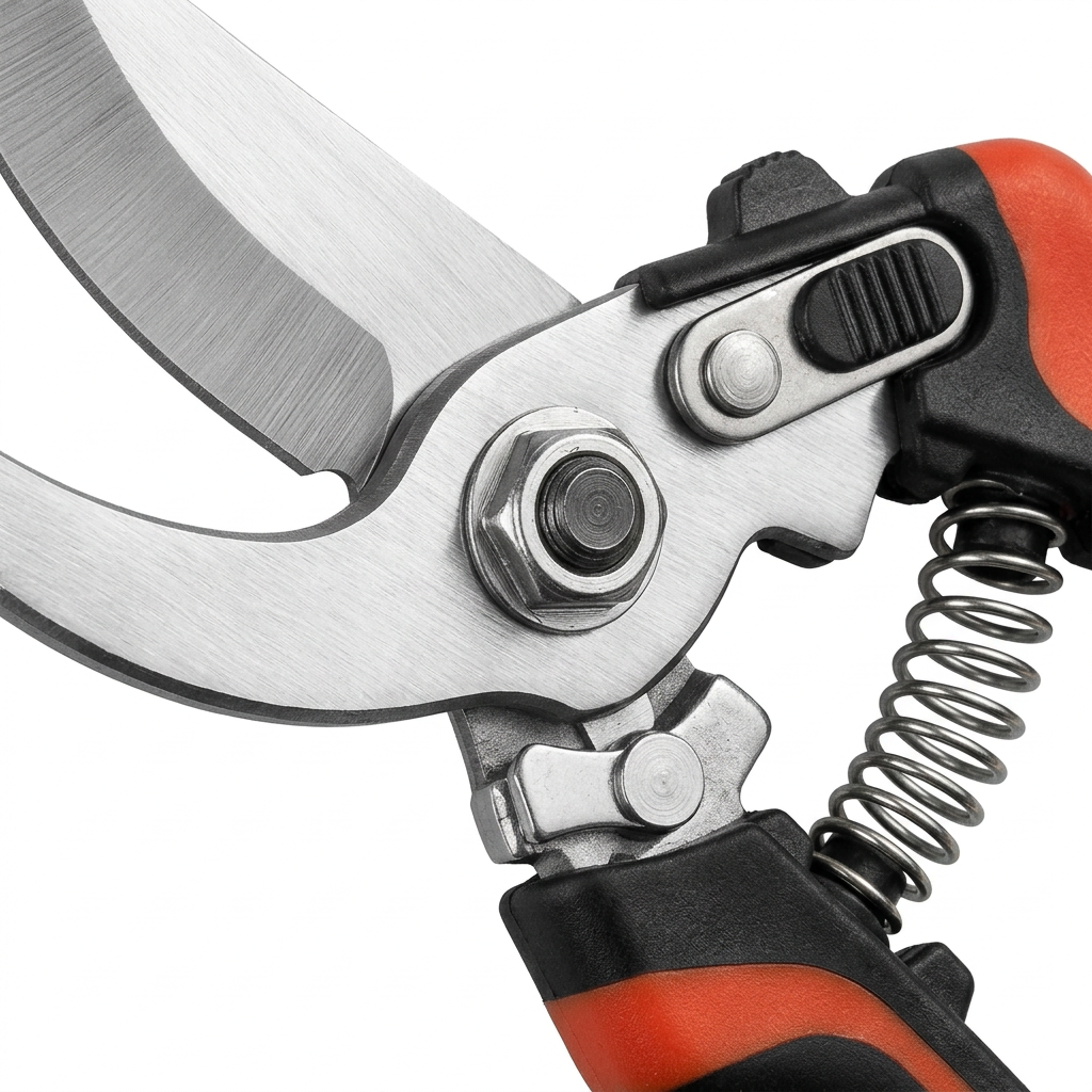 Macro close-up detail of bypass pruning shears cutting blade, hooked counter-blade, pivot bolt, and spring on pure white background