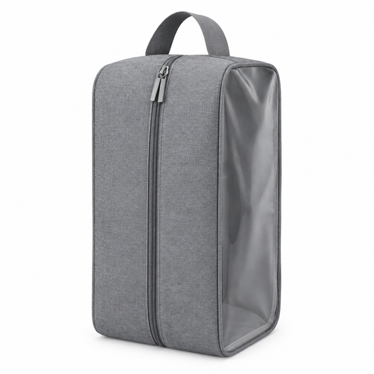 Heather gray travel shoe bag with center vertical zipper and clear inspection window on white background