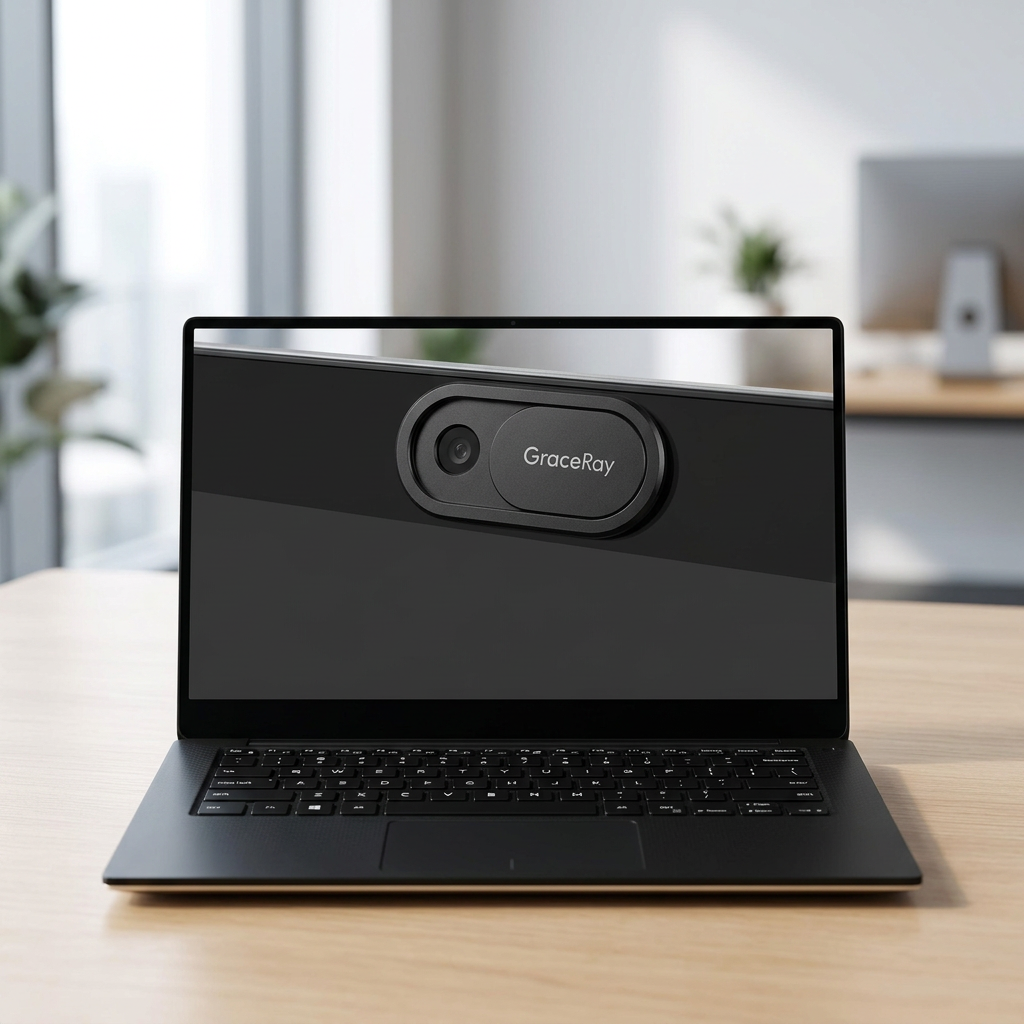 Custom sliding webcam cover in closed position protecting privacy on a laptop screen bezel