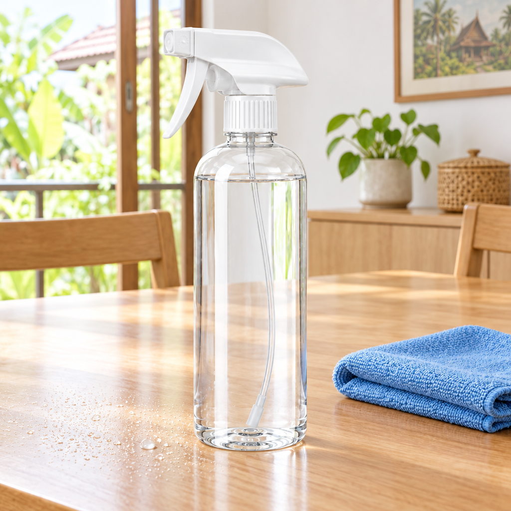 Clear spray bottle on a wooden table with light water mist and a microfiber cloth for surface cleaning
