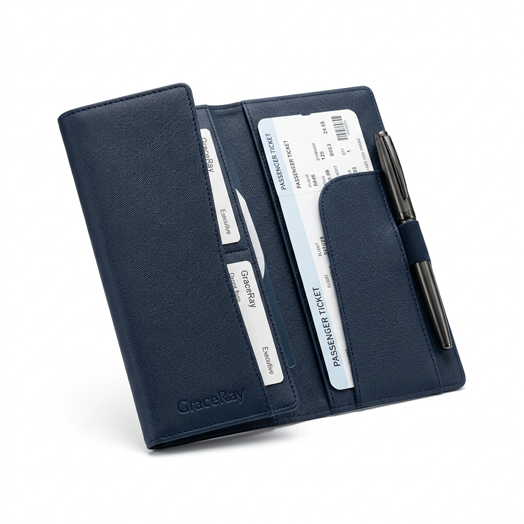 Custom logo travel document wallet opened to show compartments for travel documents.