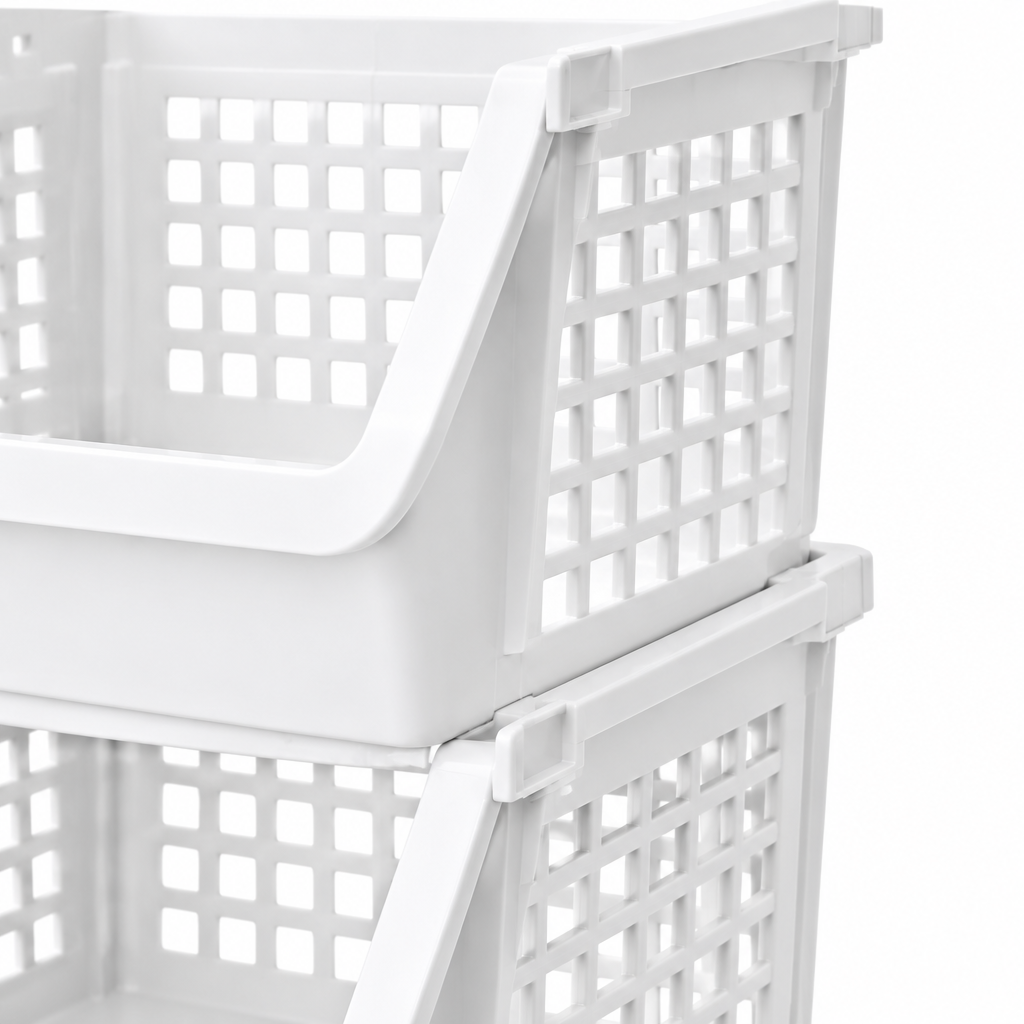 Close-up of stackable basket locking rim, slanted front opening and grid side wall
