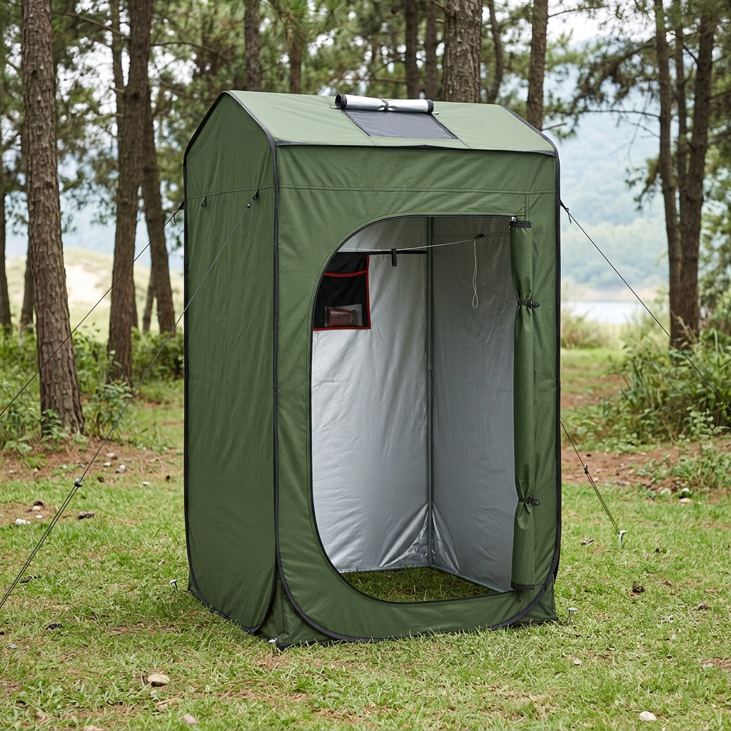 Camping privacy tent set up securely on a grassy campsite corner surrounded by trees under daylight