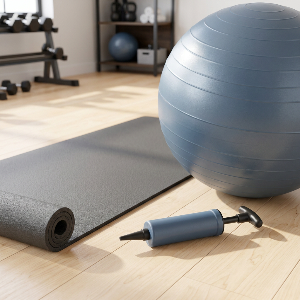Compact gym ball hand pump resting next to an exercise ball on a studio floor