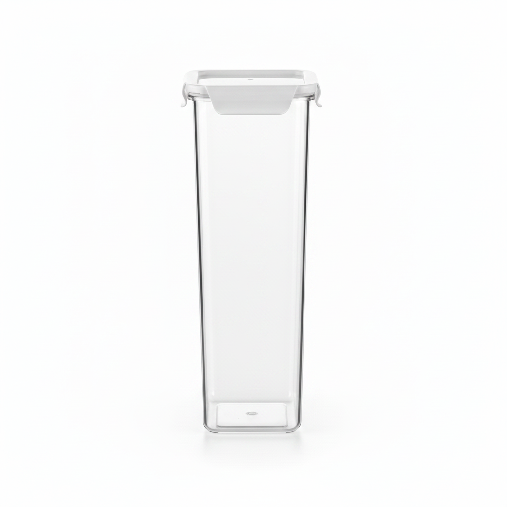 Slender side profile view of slim airtight food storage container on pure white background