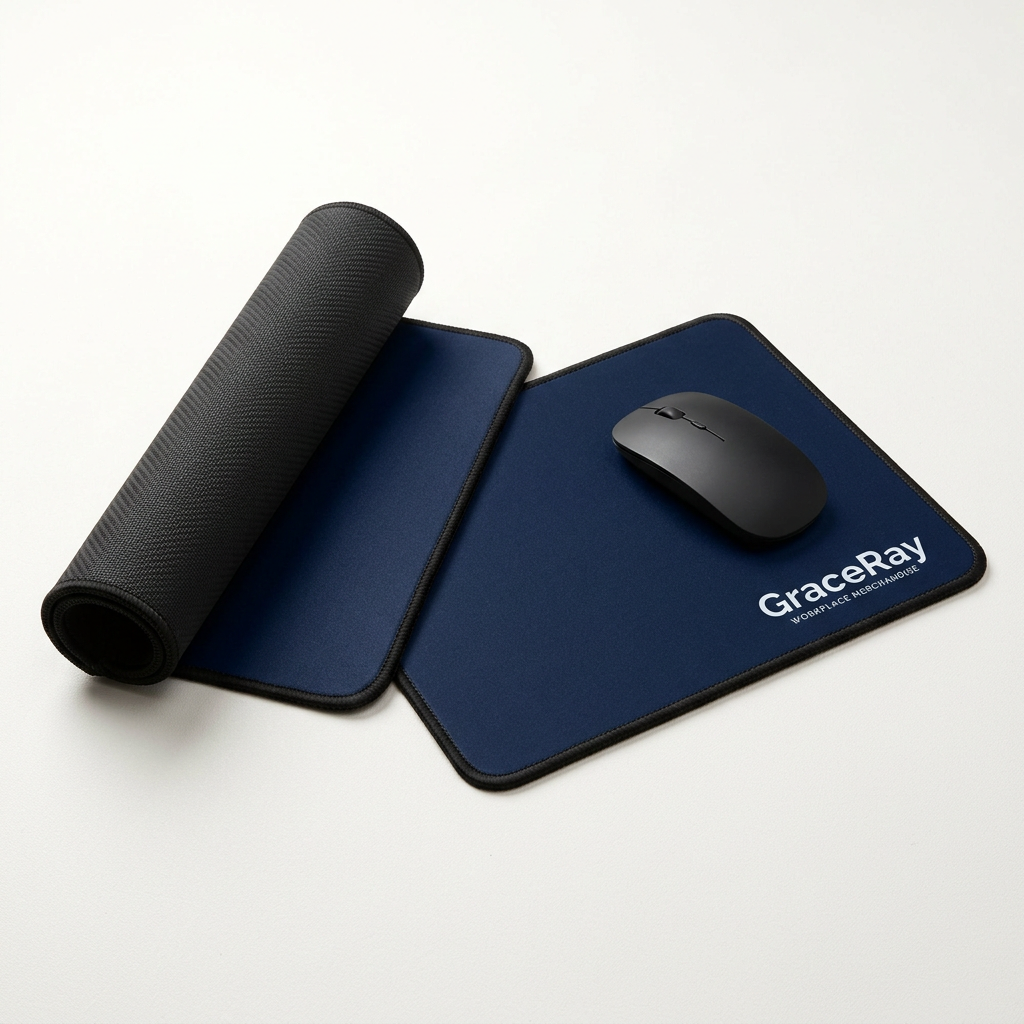 Custom printed mouse pads with branded graphics arranged on office computer workstations.