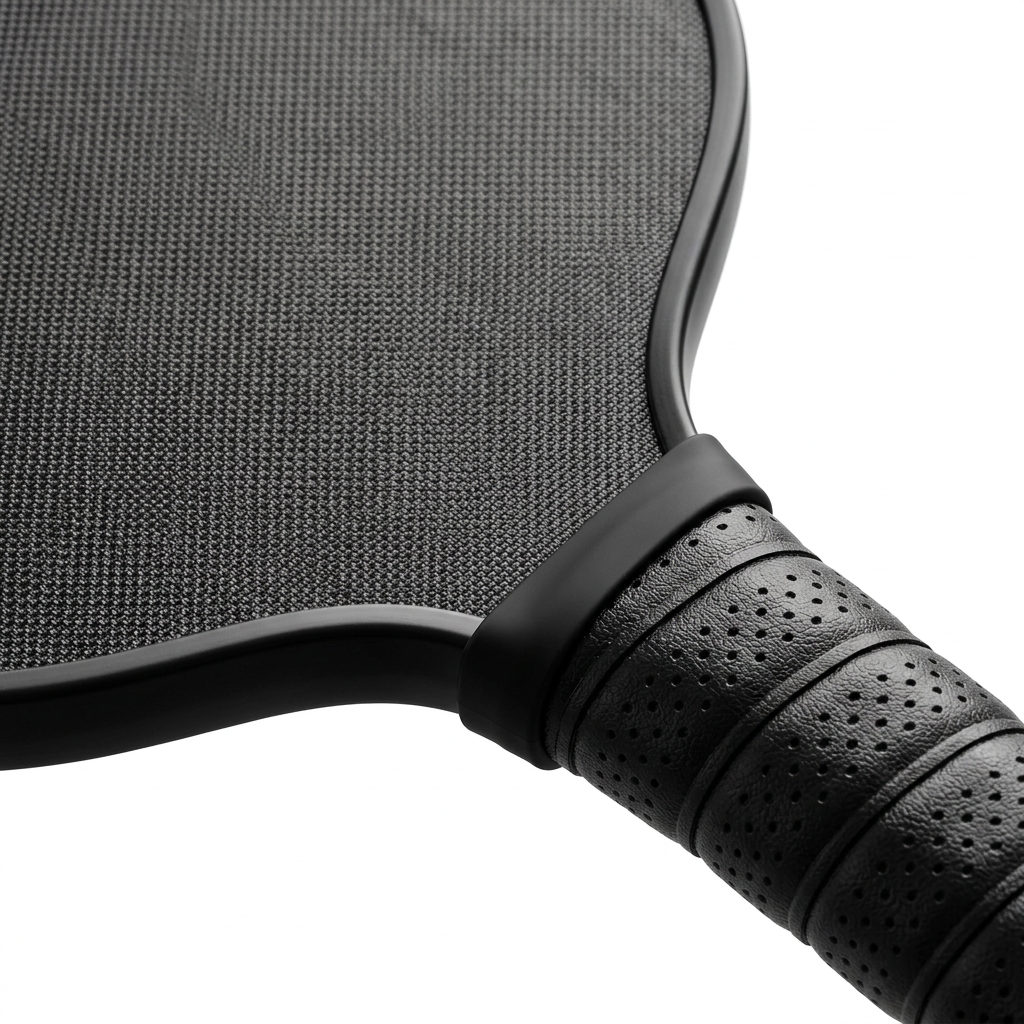 Detail close-up of pickleball paddle textured carbon face, TPU edge guard, and perforated grip on white background
