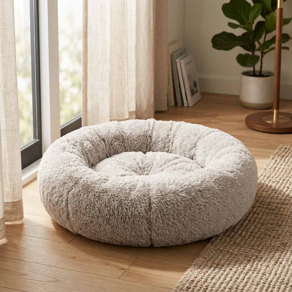 Round donut pet bed resting on light wood floor in sunlit cozy living room corner