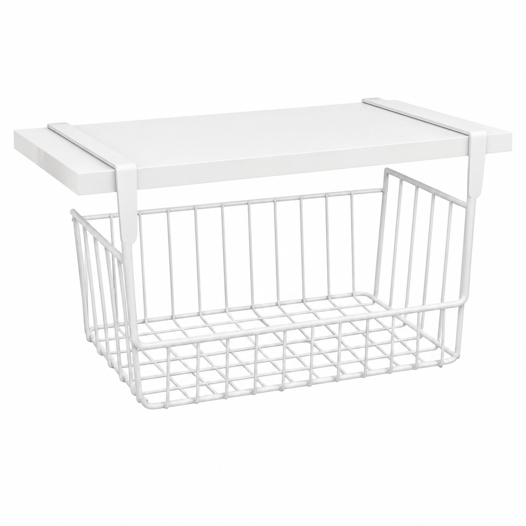 Under-shelf storage basket, white metal wire basket slid onto a shelf board on white background