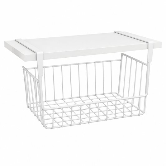 Under-shelf storage basket, white metal wire basket slid onto a shelf board on white background