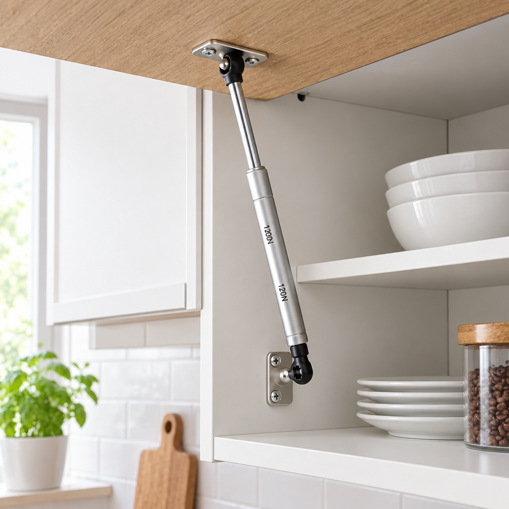 Cabinet gas spring strut installed inside an overhead kitchen cabinet supporting an open flap door