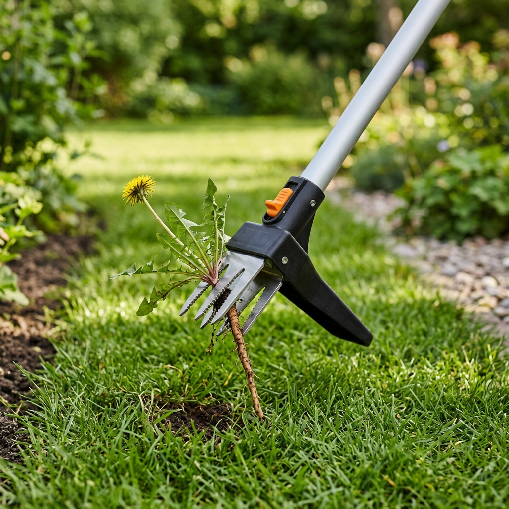 Stand-up weed puller claw prongs gripping and pulling a dandelion weed and long taproot cleanly out of lawn turf