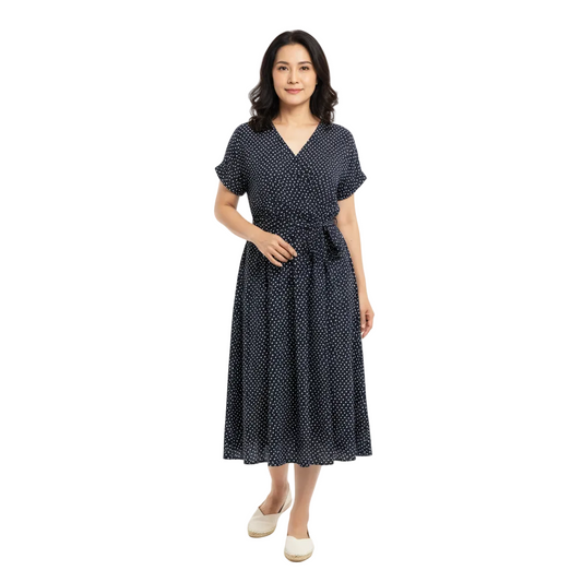 Front view of navy polka dot V-neck midi dress on white background