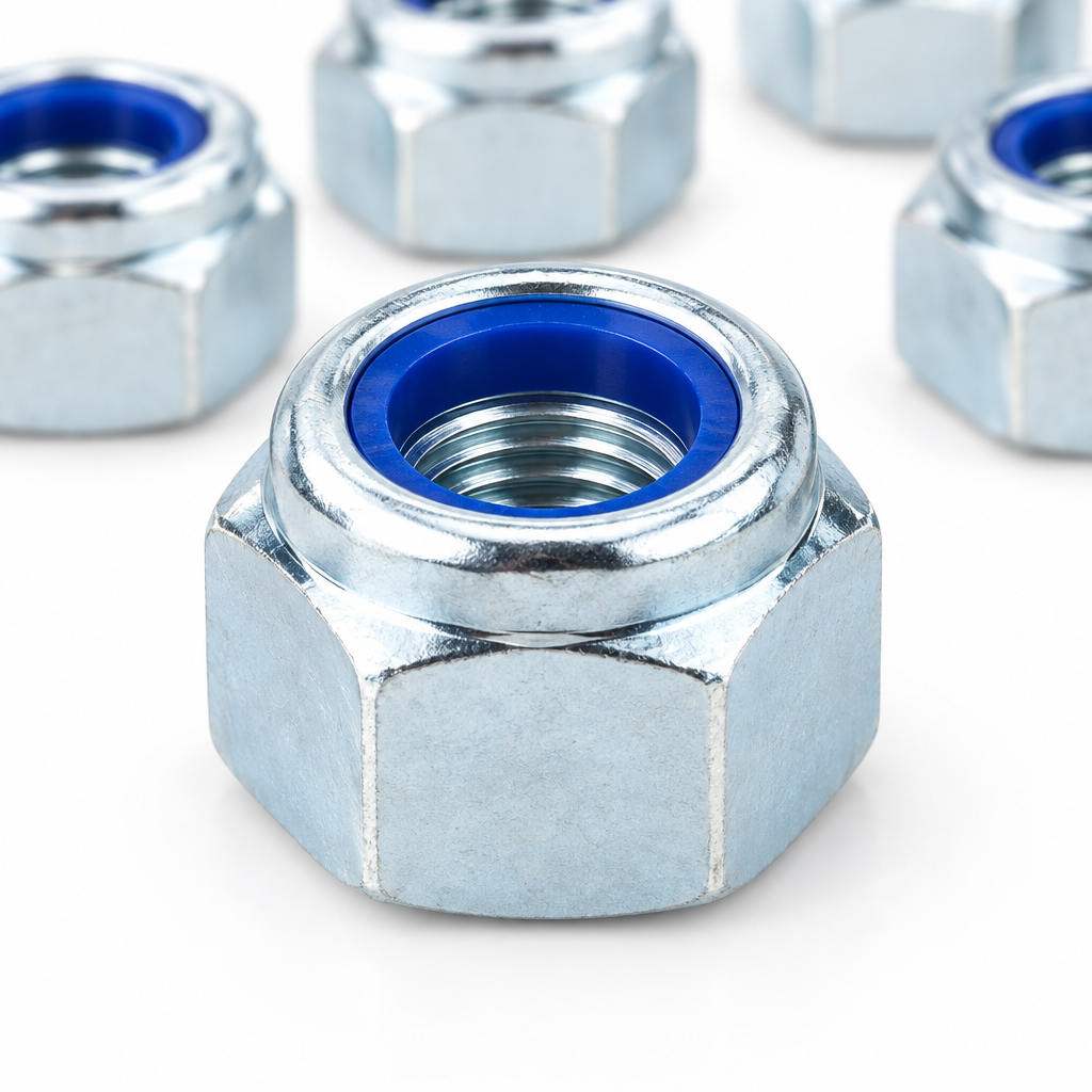 Close-up macro view of the crimped collar, embedded blue nylon locking ring, and internal female threads of a DIN 985 lock nut on a pure white background