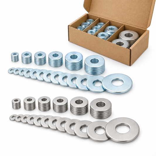 Assortment of bright zinc-plated and stainless steel metric flat washers arranged from small to large with export packaging box on a pure white background