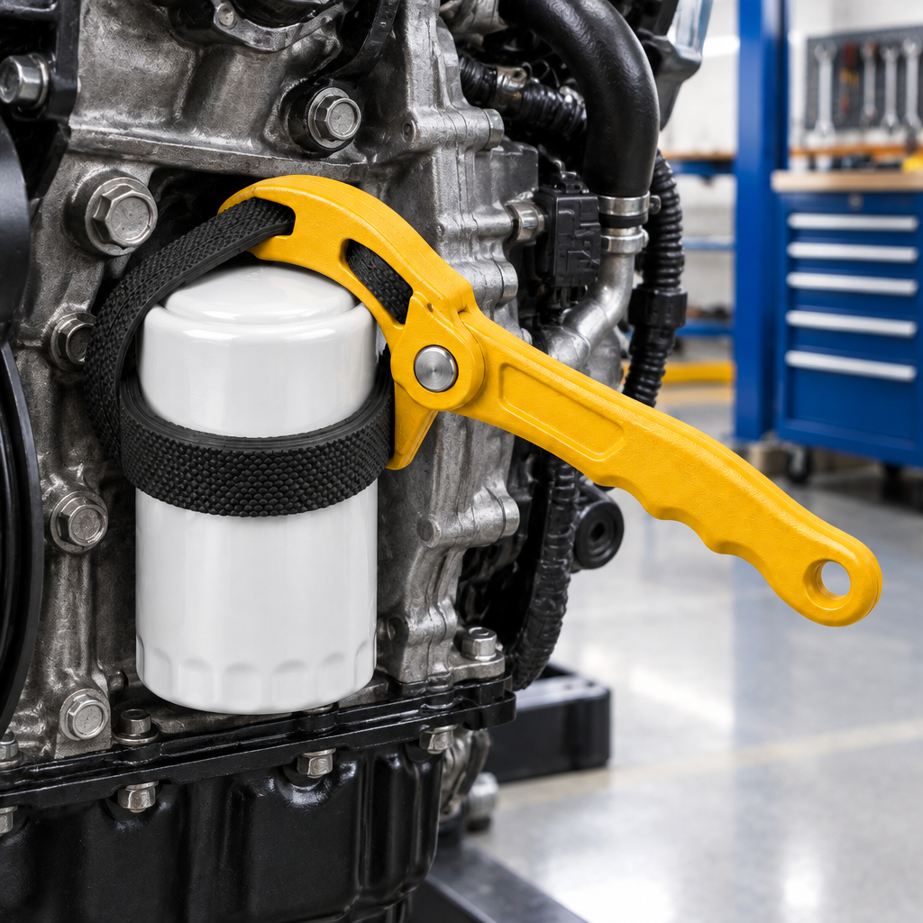 Strap wrench gripping automotive spin-on oil filter in vehicle maintenance scene