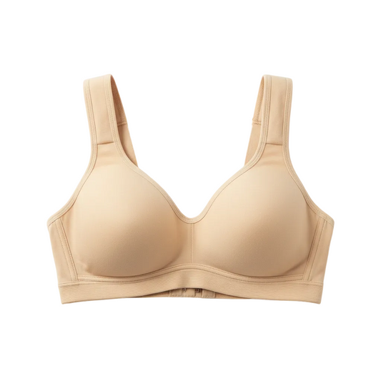Front view of full coverage cotton bra with wide shoulder straps in warm beige on white background