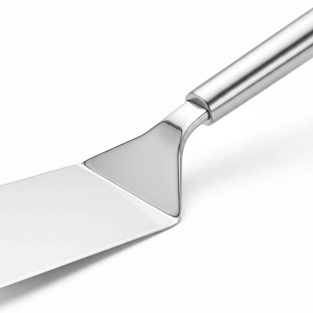 Macro detail of wide flat stainless steel blade edge, angled neck, and satin tubular handle