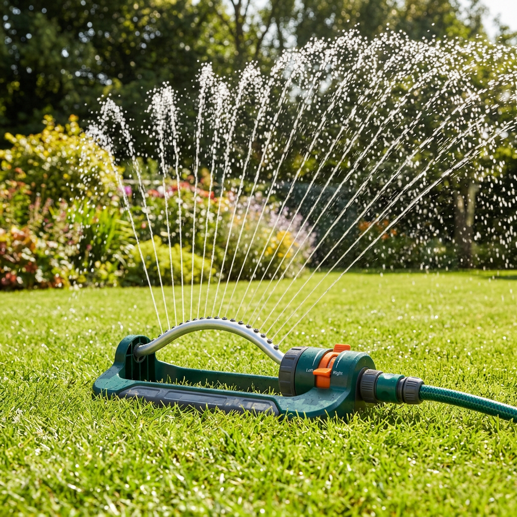 Oscillating lawn sprinkler distributing water in high-arching fan spray pattern across lush green grass in residential lawn
