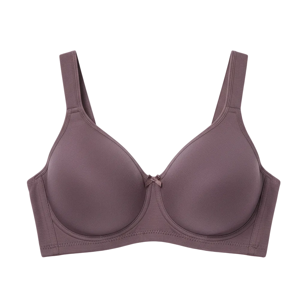 Front view of full-coverage cotton bra with wide side panels in elegant muted plum on white background