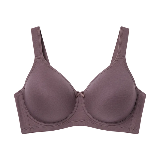 Front view of full-coverage cotton bra with wide side panels in elegant muted plum on white background