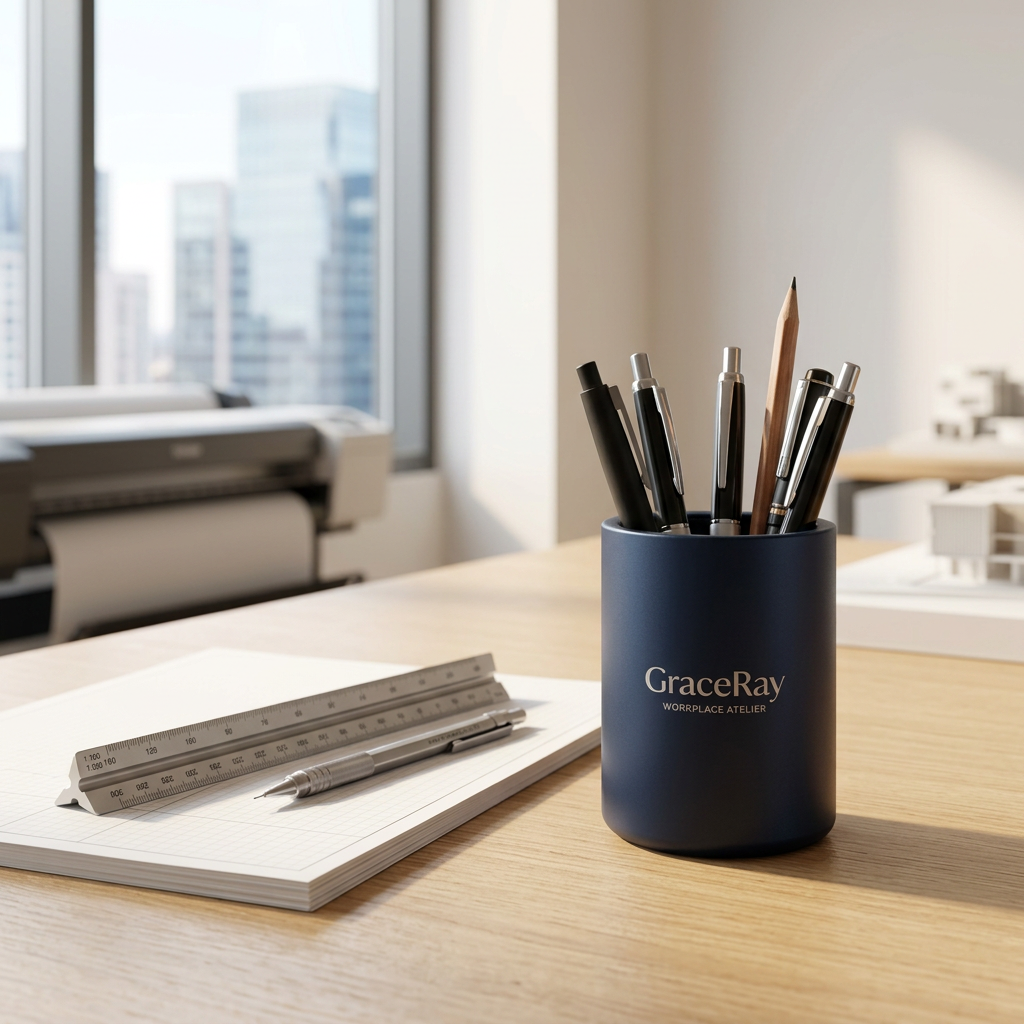 Custom aluminum pen holder holding writing instruments on an executive office workstation desk
