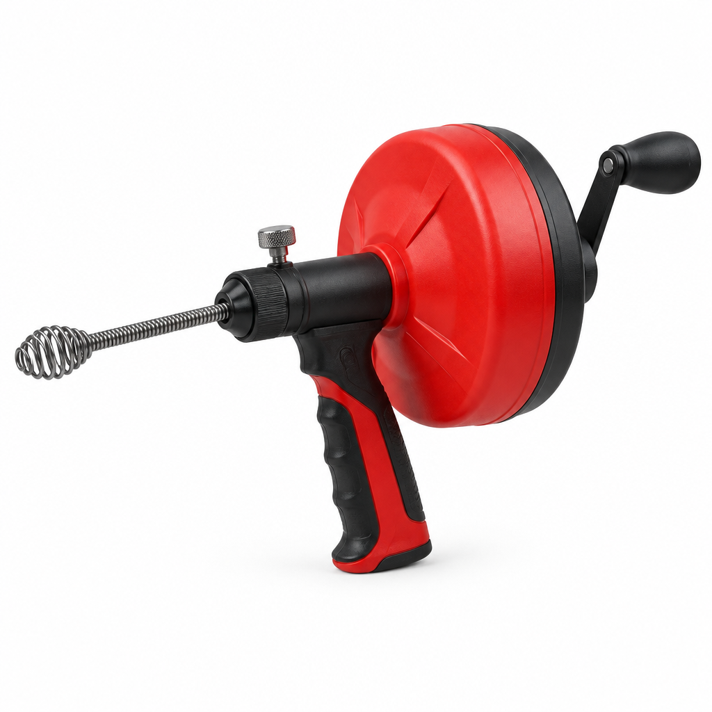 Manual drum drain snake auger with flexible spring steel cable and pistol grip on a pure white background with comfortable margins