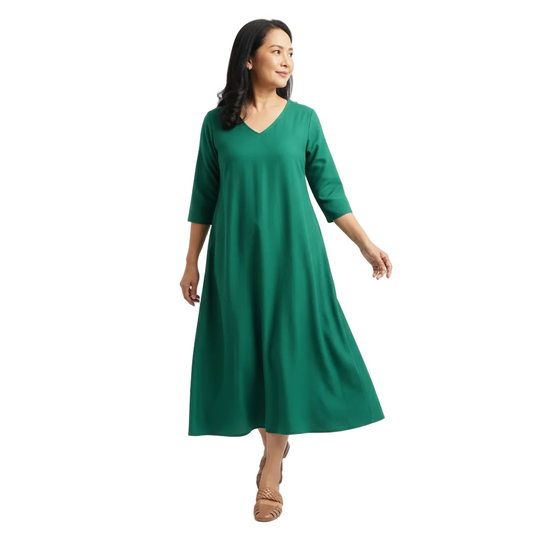 Front view of v-neck three-quarter sleeve A-line dress on white background