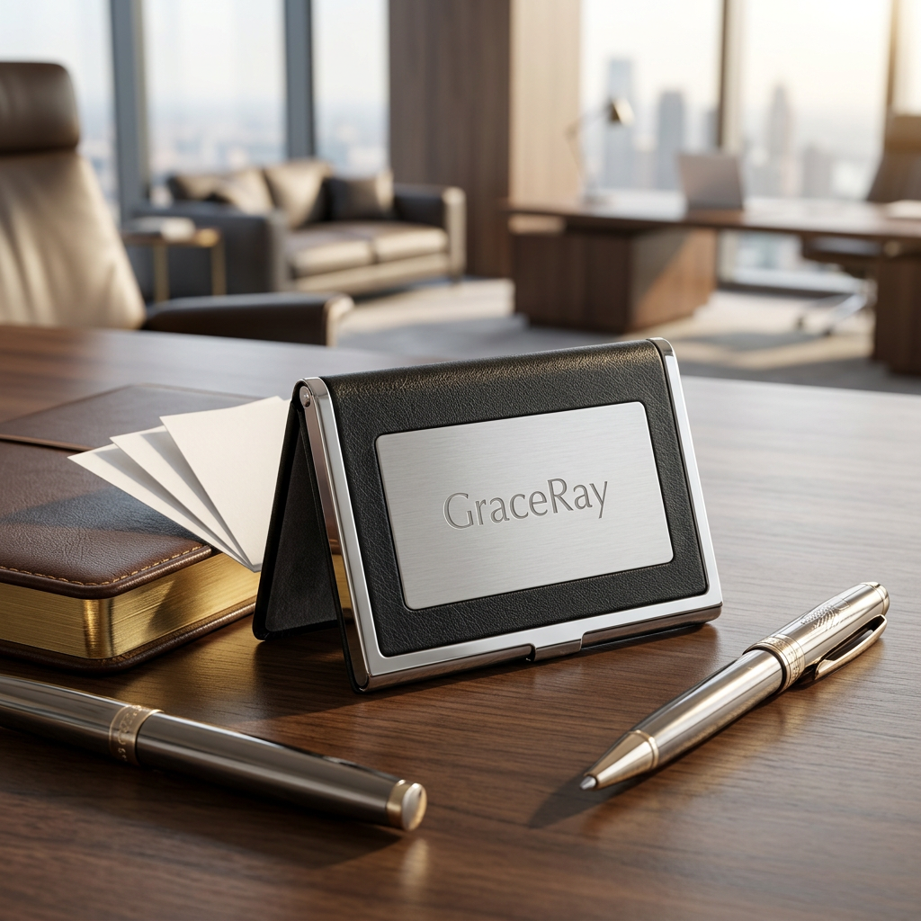 Custom business card holder on an executive office desk with business cards beside a luxury notebook