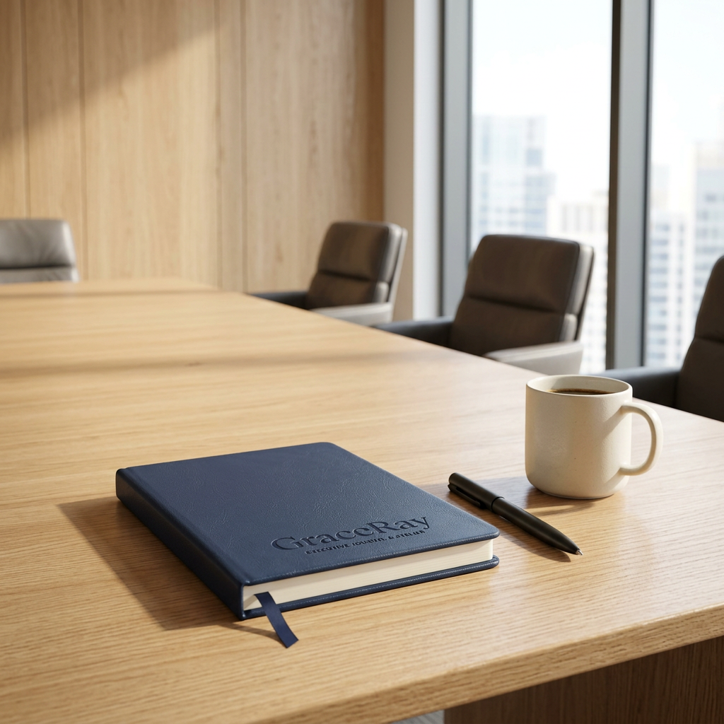 Custom hardcover business notebook displayed on a modern corporate executive desk