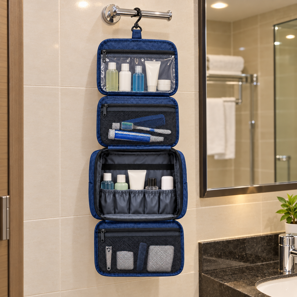 Hanging toiletry bag hanging on a bathroom hook in a Malaysian hotel filled with travel toiletries