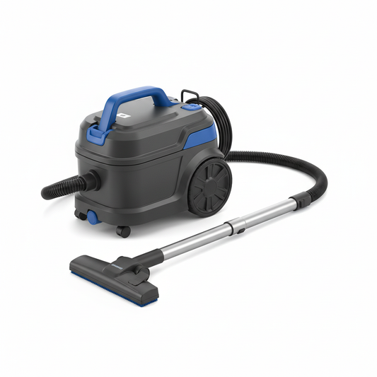 Compact hotel canister vacuum cleaner with connected hose, telescopic wand, floor head and coiled power cable on white background