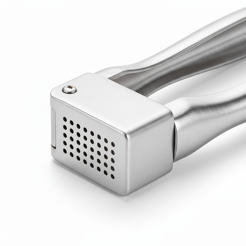 Close-up detail of perforated stainless steel garlic press chamber and hinge
