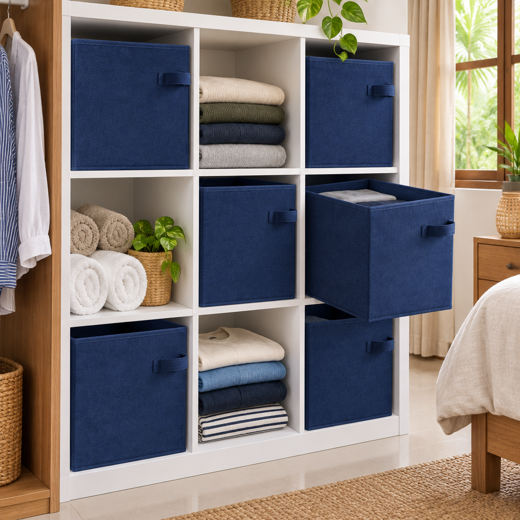 Navy fabric storage cubes in a cube shelf with folded clothes and towels, one cube pulled out