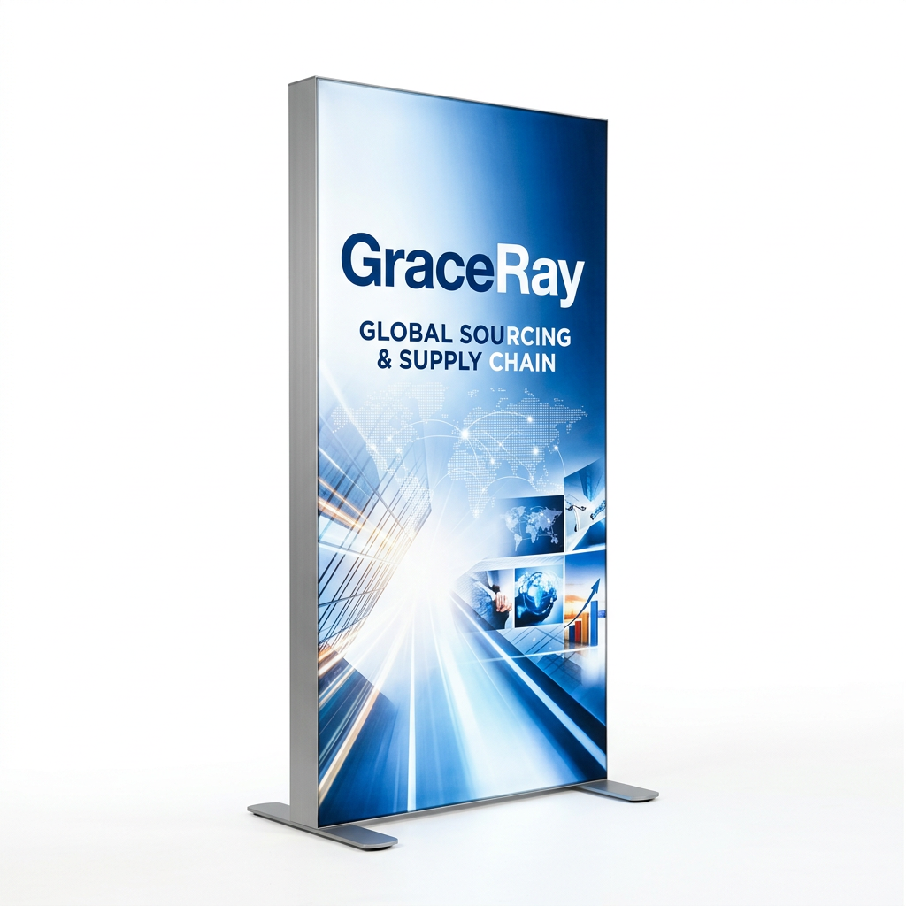 Portable LED lightbox display showing an illuminated custom graphic in an exhibition environment.