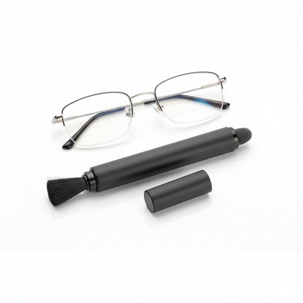 Dual-tip lens cleaning pen with brush and microfiber tip beside glasses on white background