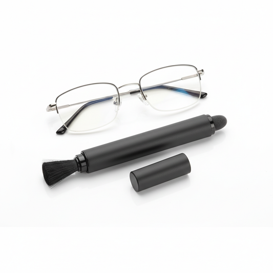 Dual-tip lens cleaning pen with brush and microfiber tip beside glasses on white background