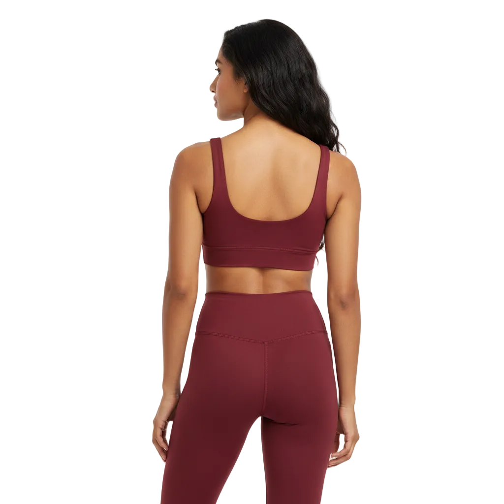Indian model wearing burgundy buttery soft yoga leggings back view