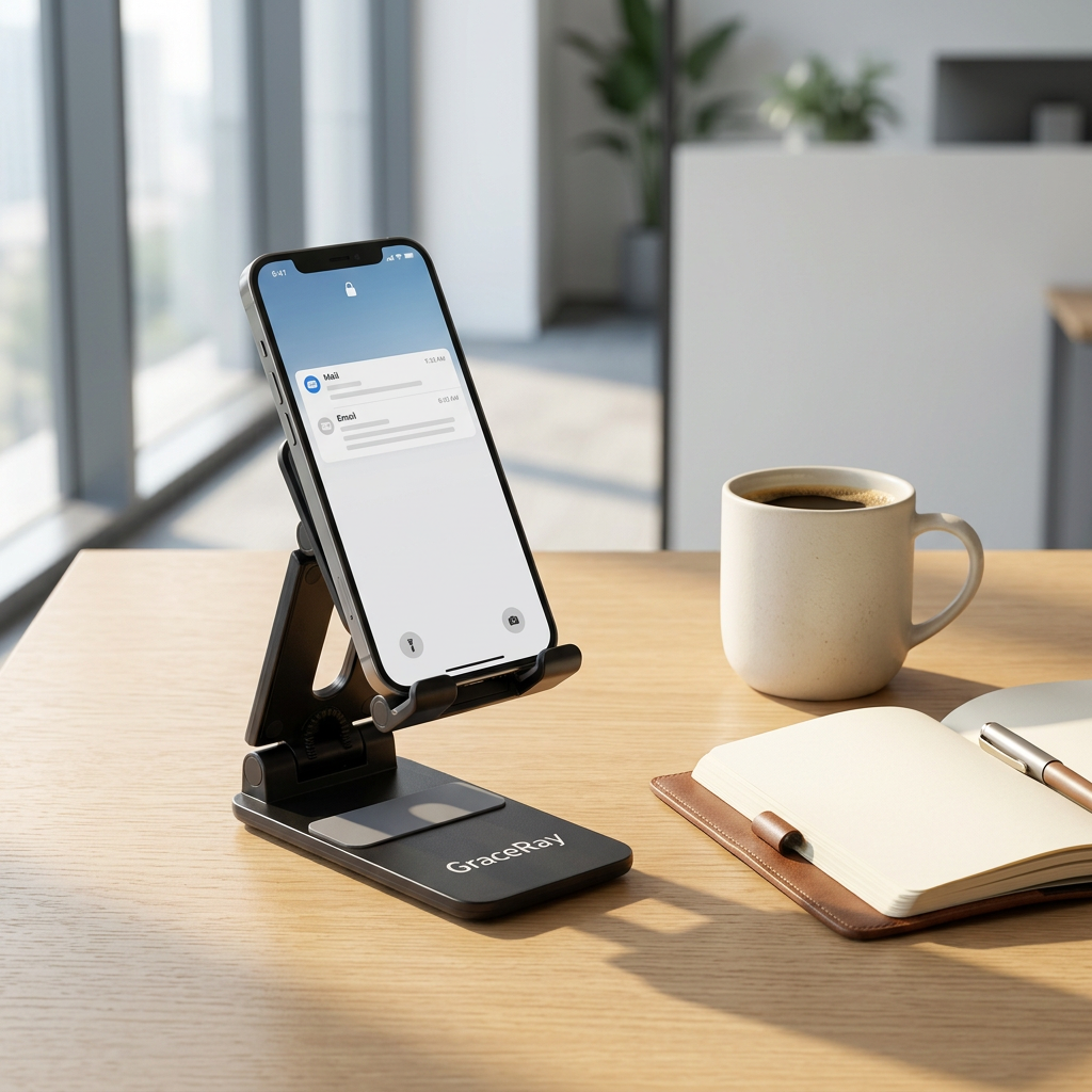 Custom promotional foldable phone stand supporting a smartphone on a modern corporate office desk
