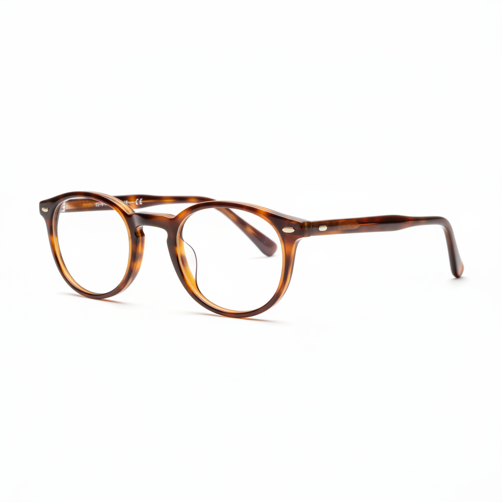 Three-quarter side profile view of round retro reading glasses on white background