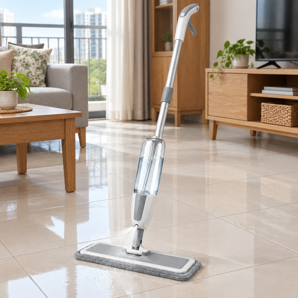 Spray mop on tiled floor in a Malaysian apartment emitting fine water mist during cleaning