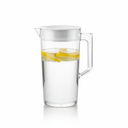 Transparent household water pitcher with fitted lid and lemon slices on pure white background