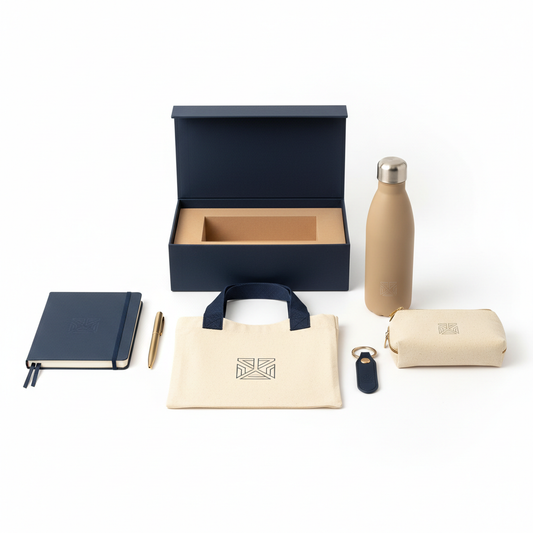 Coordinated hotel welcome gift set with rigid box, canvas tote, notebook, pen, water bottle, keychain and travel pouch on white background
