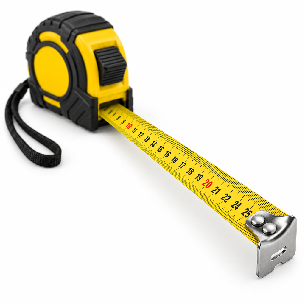 Close-up macro view of the extended yellow measuring blade showing bold metric millimeter and centimeter markings and riveted metal hook on a pure white background