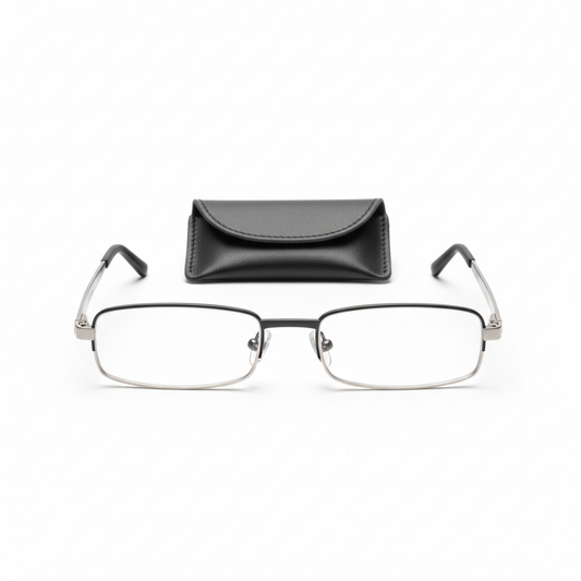 Compact folding clip-on reading glasses laid flat beside protective pouch on white background