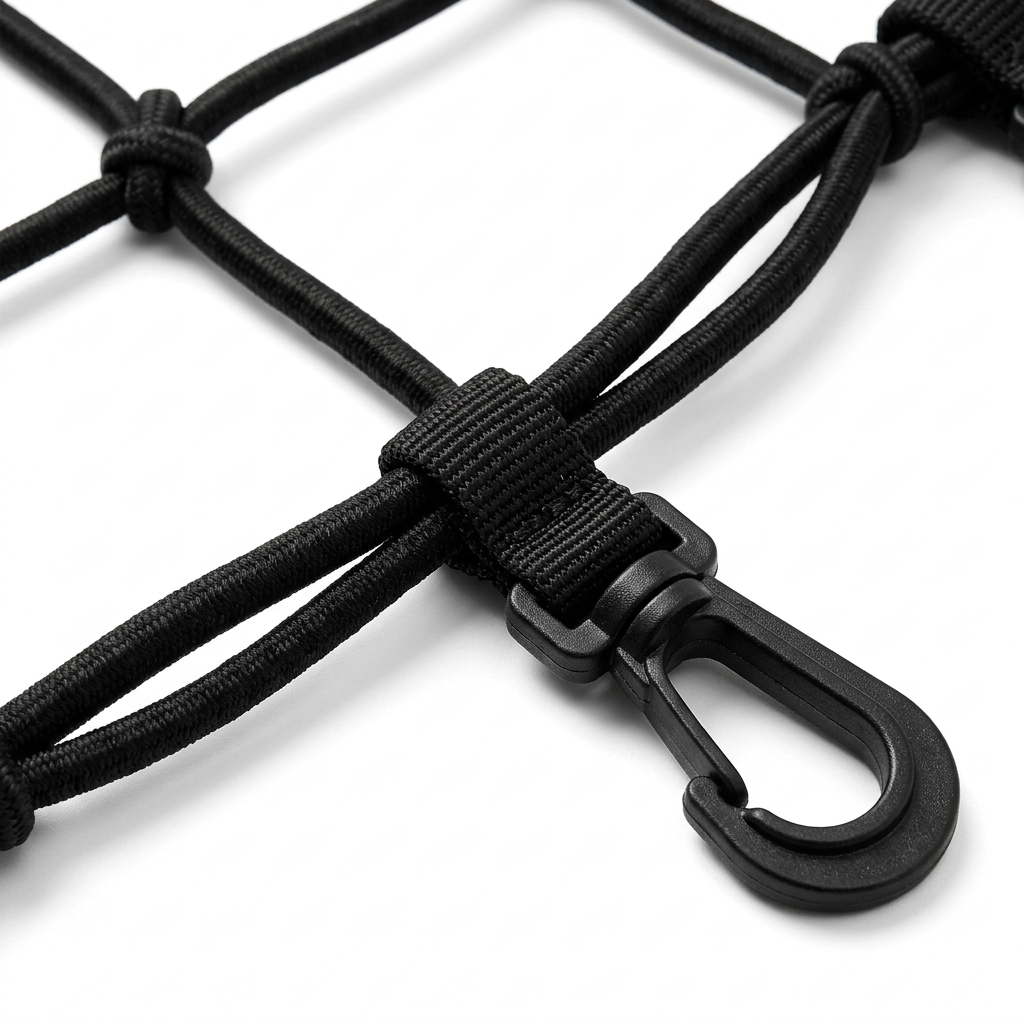 Close-up macro view of bungee cargo net grid intersection node and heavy-duty nylon perimeter attachment hook