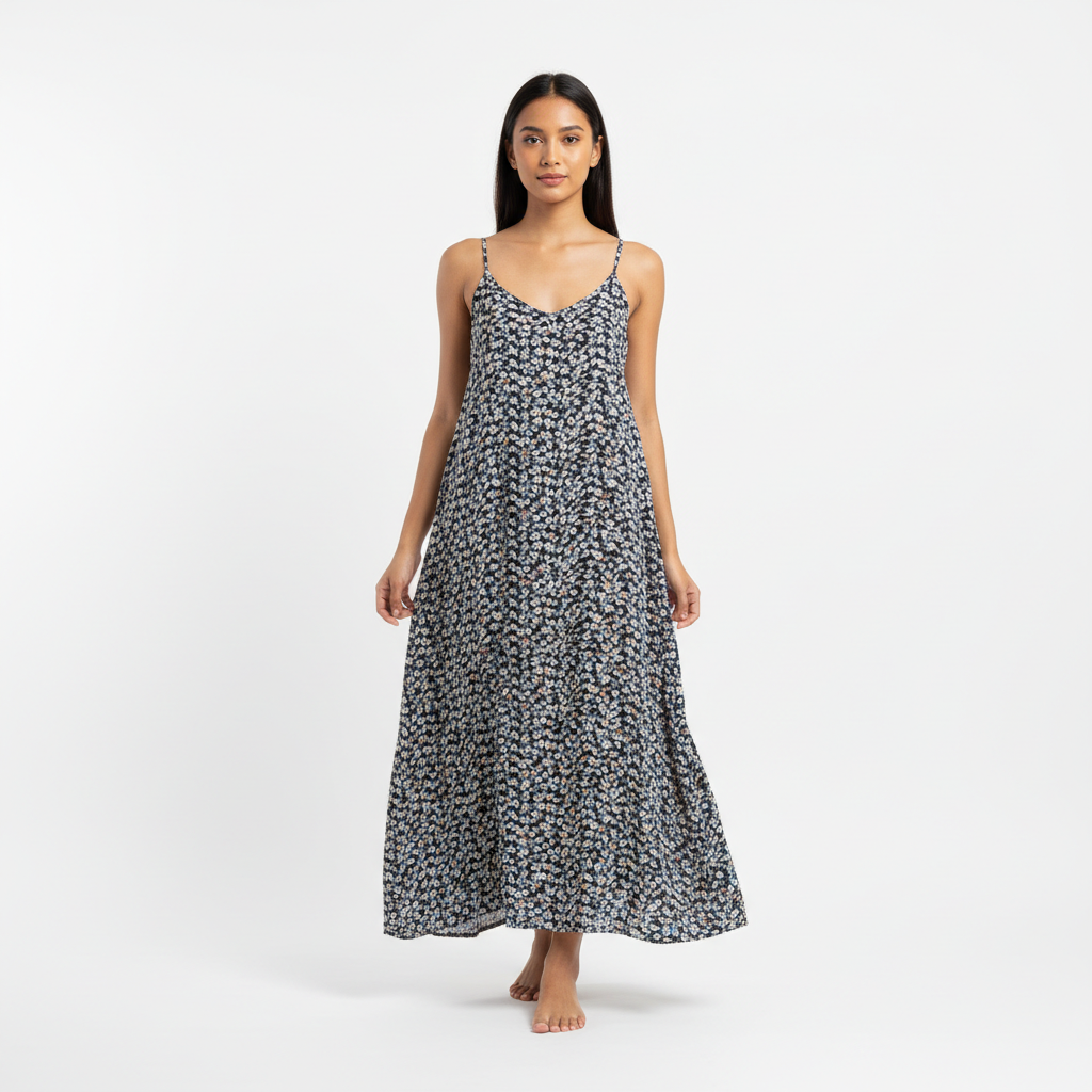 Indonesian female model navy floral spaghetti strap dress